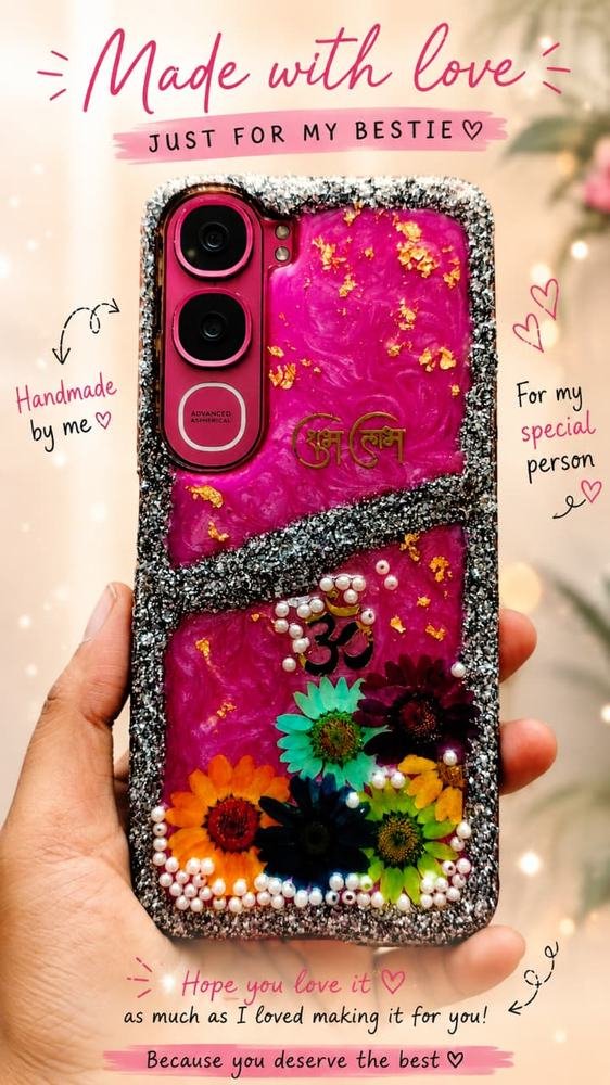 Custom resin phone cover with pressed flowers and glitter