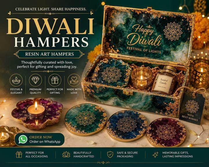 Diwali resin hamper box with coasters, candle and gold mandala detailing