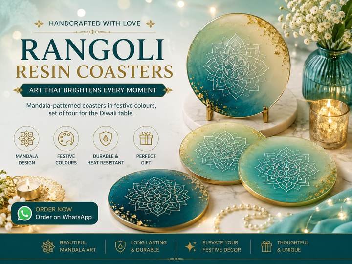 Rangoli mandala resin coasters in teal with gold leaf detailing