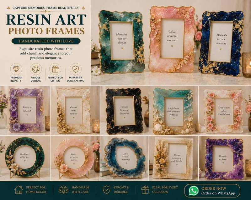 Resin art photo frames in teal, blush and navy marble finishes with gold leaf