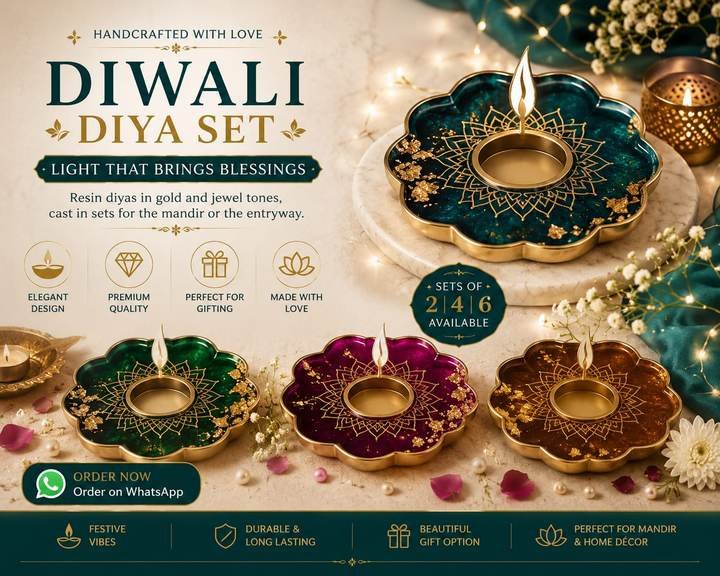 Resin Diwali diya set in jewel tones with gold mandala detailing