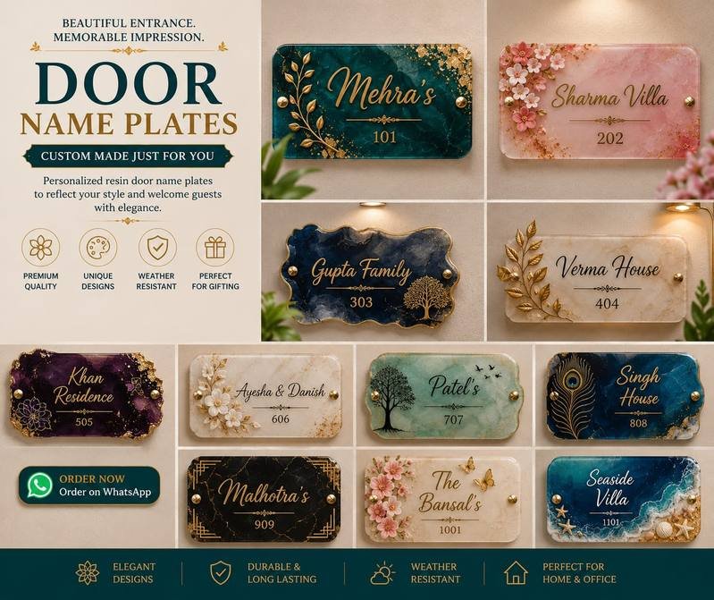 Personalised resin door name plates in marble finishes with floral and nature motifs