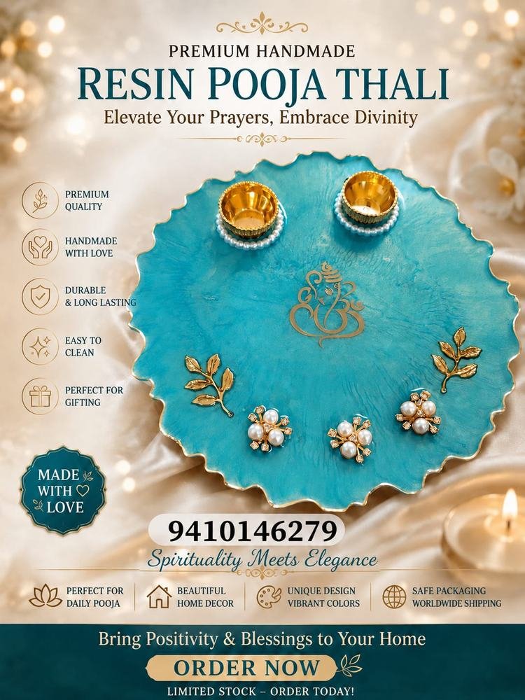 Teal resin pooja thali with gold trim and pearl diyas