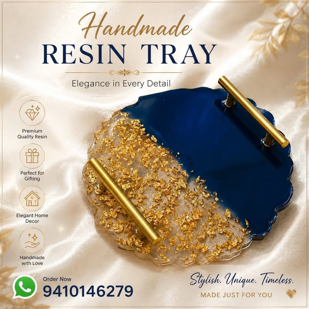 Handmade navy resin tray with gold leaf detailing and brass handles